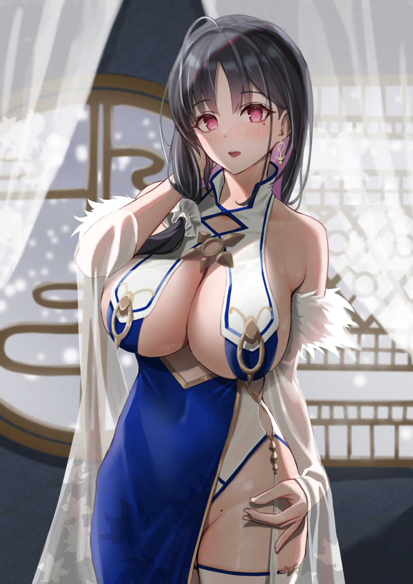 1girl, absurdres, azur_lane, bare_shoulders, black_hair, blush, breast_curtains, breasts