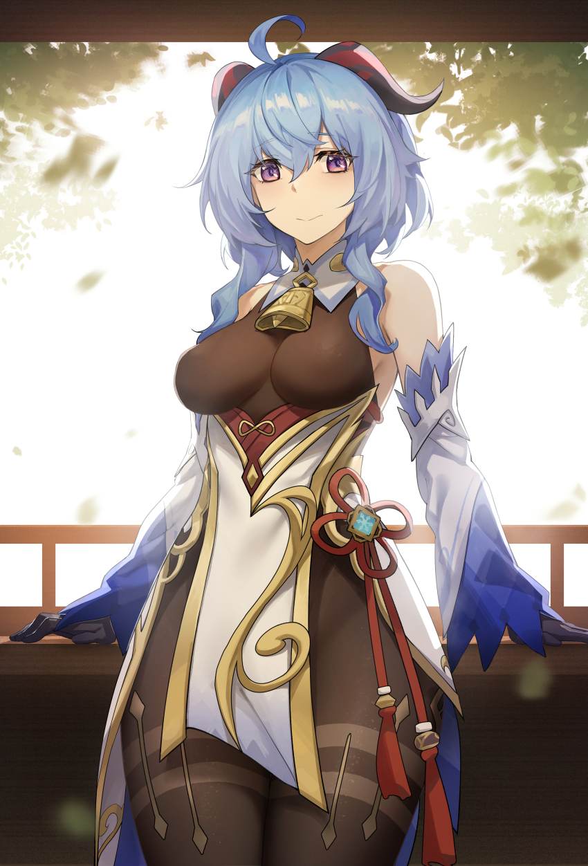 1girl, absurdres, ahoge, arm_support, bare_shoulders, bell, black_gloves, black_pantyhose, blue_hair, breasts, chinese_knot, detached_sleeves, flower_knot, ganyu_(genshin_impact), genshin_impact, gloves, gold_trim, highres, horns, jewelry, kora574, leaf, light_smile, long_hair, looking_at_viewer, medium_breasts, neck_bell, paid_reward_available, pantyhose, purple_eyes, sidelocks, solo, standing, tassel, thighlet, thighs, variant_set, vision_(genshin_impact), white_sleeves