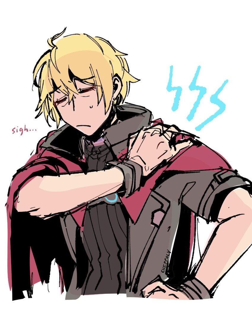 1boy, blonde_hair, cape, cheppo, closed_eyes, closed_mouth, highres, male_focus