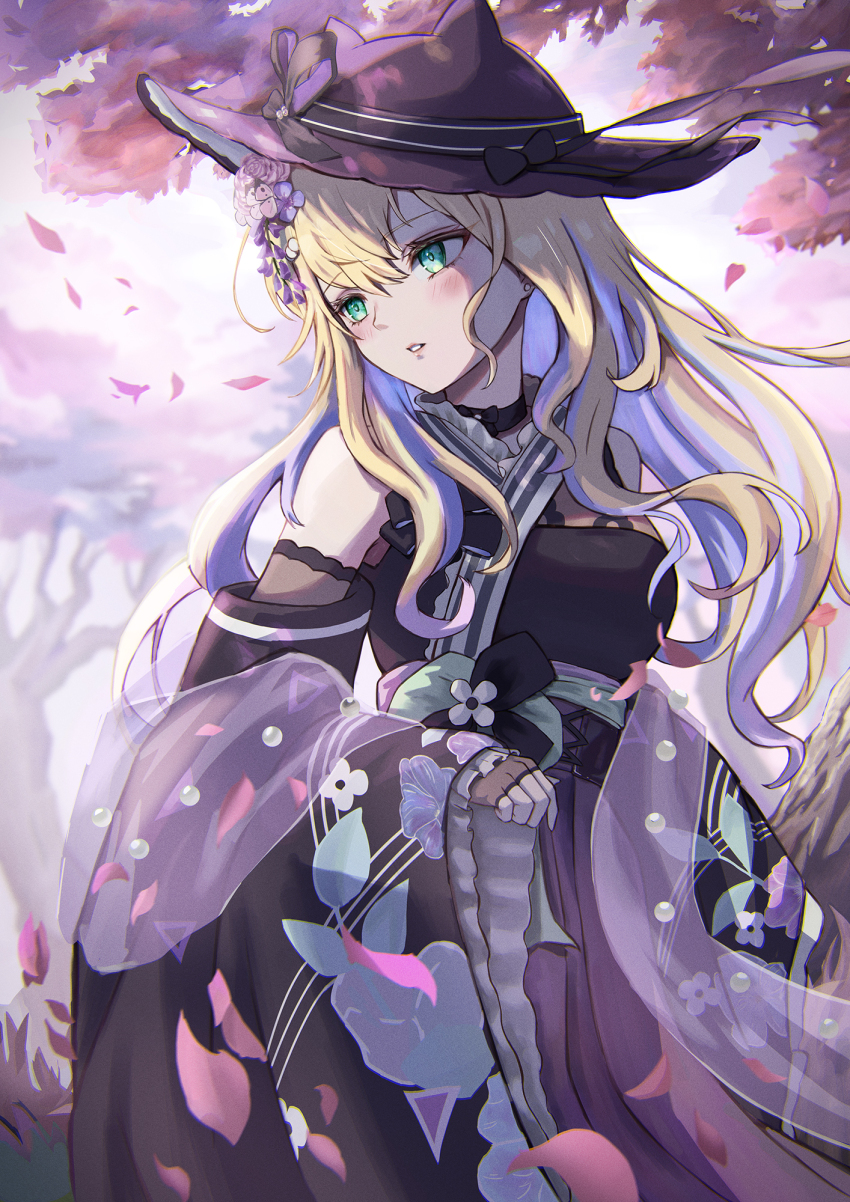 1girl, animal_ears, black_choker, black_gloves, black_hat, black_ribbon, black_shirt, black_sleeves