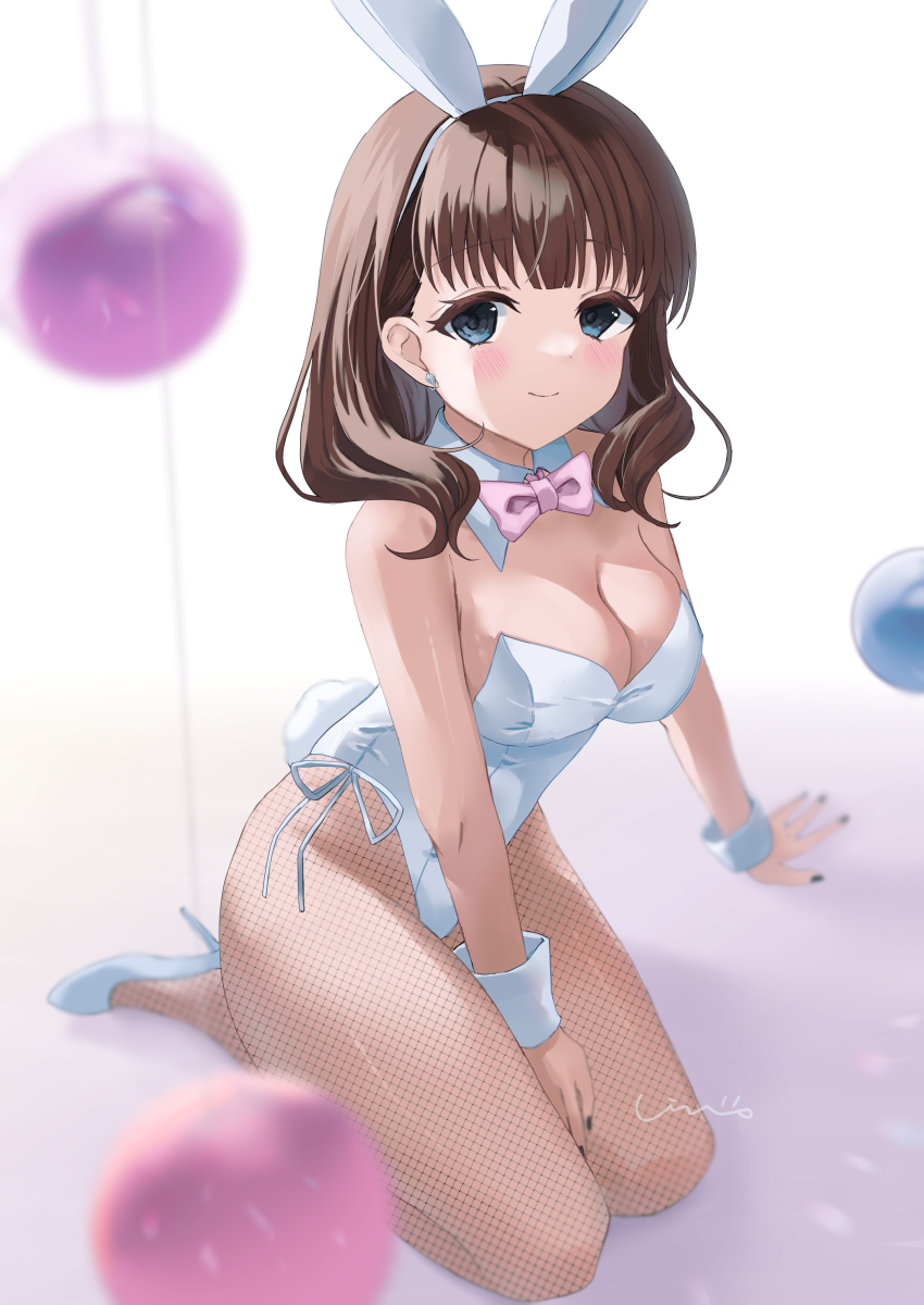 1girl, absurdres, animal_ears, black_nails, bow, bowtie, breasts, cleavage