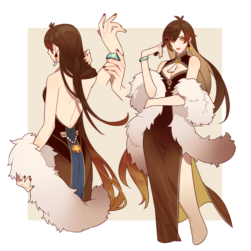 1girl, backless_dress, backless_outfit, bare_shoulders, black_nails, bracelet, breasts, brown_hair, china_dress, chinese_clothes, cleavage_cutout, closed_mouth, clothing_cutout, commentary_request, dress, earrings, eyeliner, feather_boa, folding_fan, from_behind, genderswap, genderswap_(mtf), genshin_impact, gradient_hair, hair_between_eyes, hand_fan, highres, holding, holding_fan, jewelry, large_breasts, lips, long_hair, looking_at_viewer, makeup, maomi233, multicolored_hair, multiple_views, orange_hair, ponytail, simple_background, single_earring, sleeveless, tassel, tassel_earrings, vision_(genshin_impact), white_background, yellow_eyes, zhongli_(genshin_impact)