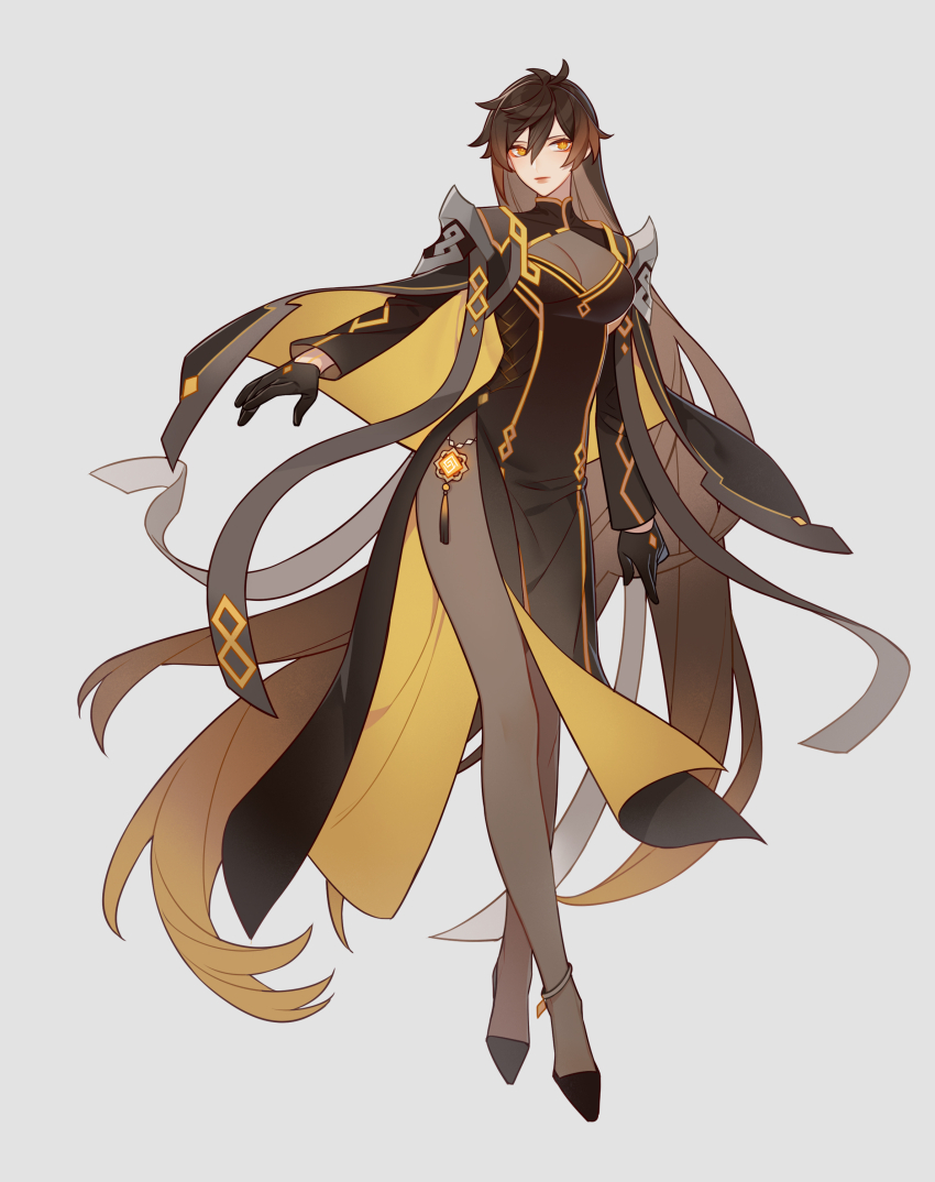 1girl, absurdres, anklet, black_gloves, breasts, brown_hair, cleavage, closed_mouth, commentary_request, eyeliner, full_body, genderswap, genderswap_(mtf), genshin_impact, gloves, gradient_hair, grey_background, hair_between_eyes, highres, jewelry, large_breasts, long_hair, long_sleeves, looking_at_viewer, makeup, maomi233, multicolored_hair, orange_hair, pantyhose, simple_background, solo, tassel, vision_(genshin_impact), yellow_eyes, zhongli_(genshin_impact)