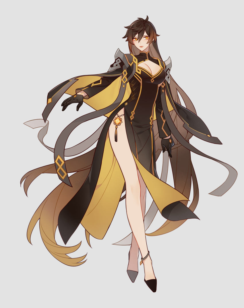 1girl, absurdres, anklet, black_gloves, breasts, brown_hair, cleavage, closed_mouth, commentary_request, eyeliner, full_body, genderswap, genderswap_(mtf), genshin_impact, gloves, gradient_hair, grey_background, hair_between_eyes, highres, jewelry, large_breasts, long_hair, long_sleeves, looking_at_viewer, makeup, maomi233, multicolored_hair, orange_hair, simple_background, solo, tassel, vision_(genshin_impact), yellow_eyes, zhongli_(genshin_impact)
