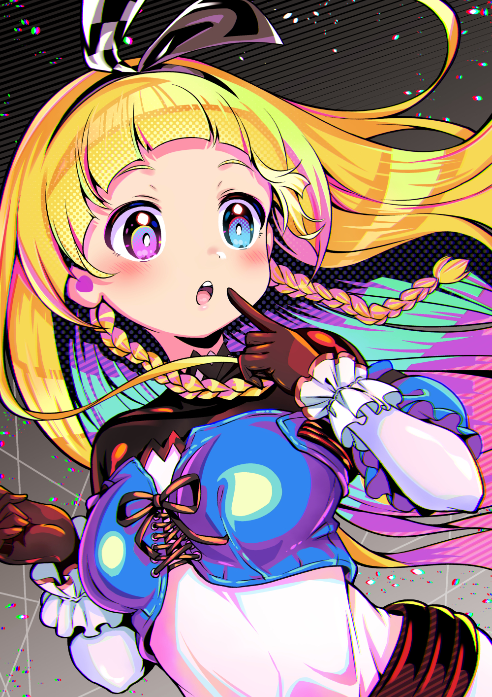 1girl, :o, alyce_(dohna_dohna), black_bodysuit, black_gloves, blonde_hair, blue_dress, blue_eyes, blush, bodysuit, bodysuit_under_clothes, braid, commentary_request, cross-laced_clothes, cross-laced_dress, dohna_dohna_issho_ni_warui_koto_o_shiyou, dress, floating_hair, gloves, gradient_background, hairband, heterochromia, highres, index_finger_raised, long_hair, notuwa_tai, open_mouth, pink_eyes, side_braids, solo, two-tone_dress, upper_body, white_dress