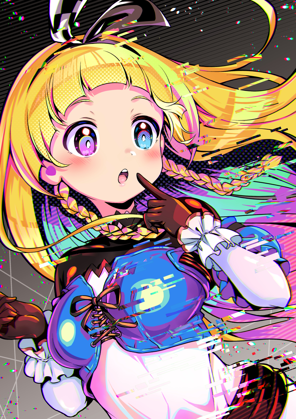 1girl, :o, alyce_(dohna_dohna), black_bodysuit, black_gloves, blonde_hair, blue_dress, blue_eyes, blush, bodysuit, bodysuit_under_clothes, braid, commentary_request, cross-laced_clothes, cross-laced_dress, dohna_dohna_issho_ni_warui_koto_o_shiyou, dress, floating_hair, glitch, gloves, gradient_background, hairband, heterochromia, highres, index_finger_raised, long_hair, notuwa_tai, open_mouth, pink_eyes, side_braids, solo, two-tone_dress, upper_body, white_dress