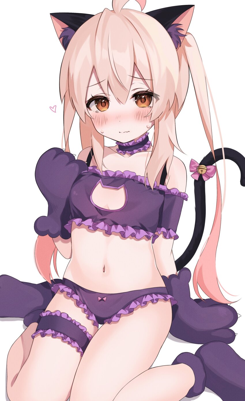1girl, absurdres, ahoge, animal_ear_fluff, animal_ears, animal_hands, bell, black_bra, black_gloves, black_panties, black_shoes, blush, bow, bow_panties, bra, breasts, brown_eyes, brown_hair, cat_cutout, cat_ears, cat_lingerie, cat_tail, choker, cleavage_cutout, clothing_cutout, fake_animal_ears, fake_tail, female_focus, frilled_bra, frilled_panties, frills, genderswap, genderswap_(mtf), gloves, highres, jingle_bell, lingerie, loli, long_hair, looking_at_viewer, navel, onii-chan_wa_oshimai!, oyama_mahiro, panties, paw_gloves, paw_shoes, ribbon, rojineco_nene, shoes, simple_background, sitting, small_breasts, solo, tail, tail_ornament, tail_ribbon, thigh_gap, thigh_strap, thighs, twintails, underwear, underwear_only, white_background