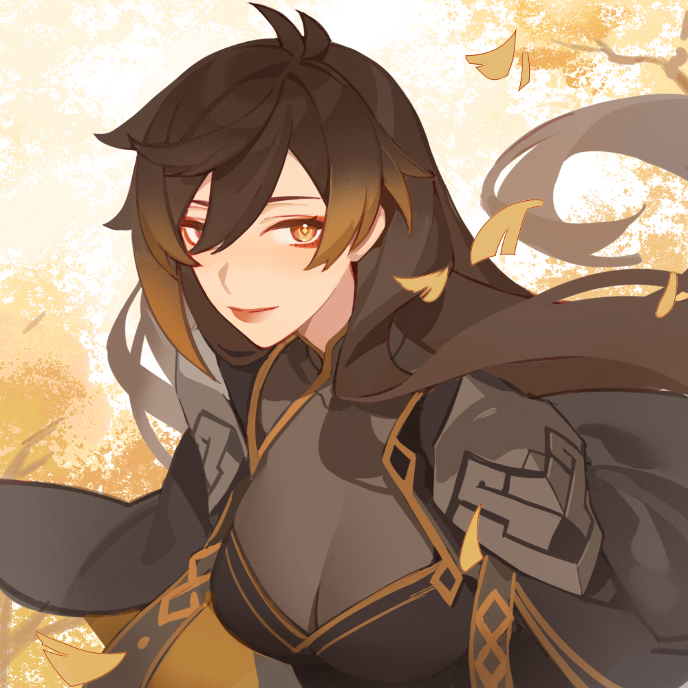 1girl, breasts, brown_hair, cleavage, closed_mouth, commentary_request, diamond-shaped_pupils, diamond_(shape)