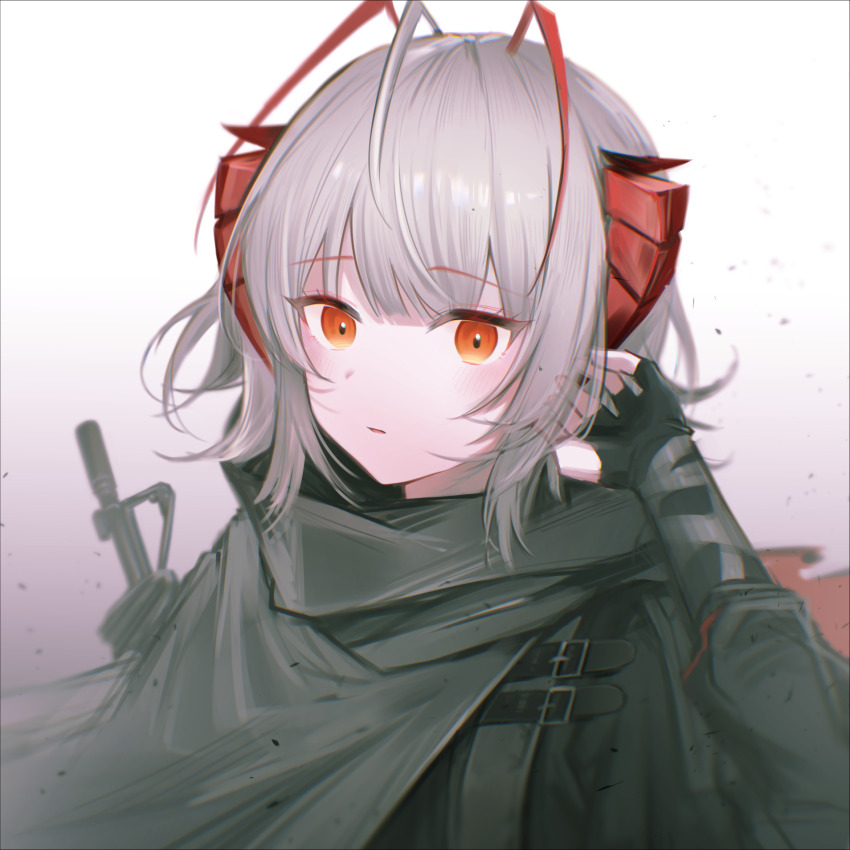 1girl, antenna_hair, arknights, arm_up, black_gloves, blunt_bangs, blush, cloak