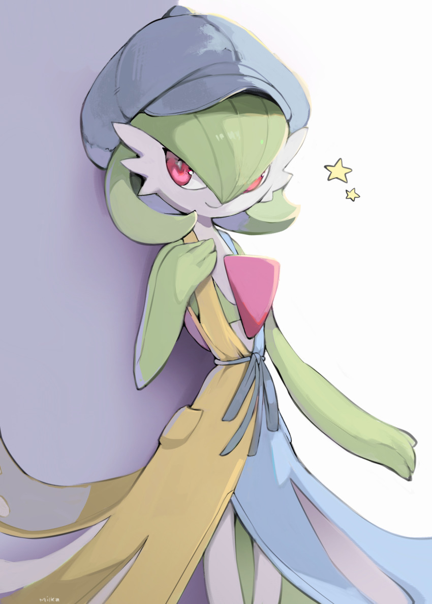 closed_mouth, clothed_pokemon, gardevoir, gardevoir_(cafe), gen_3_pokemon, grey_headwear, hand_up, hat, highres, looking_to_the_side, milka_(milk4ppl), nintendo, pink_eyes, pokemon, pokemon_(creature), pokemon_unite, ribbon, smile, star_(symbol)