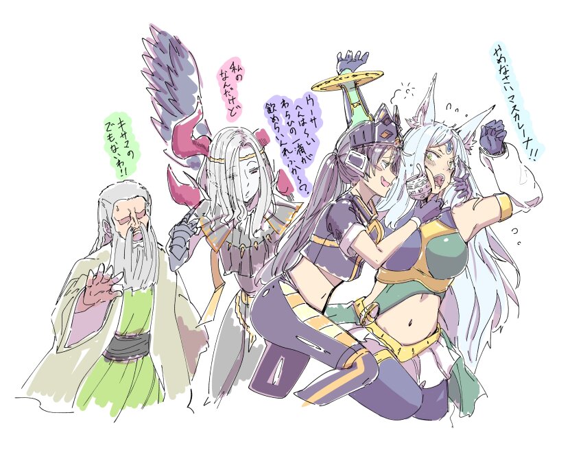 1boy, 3girls, absurdres, animal_ears, aoi_takeru, apollousa_bow_of_the_goddess, arm_around_shoulder, arms_up