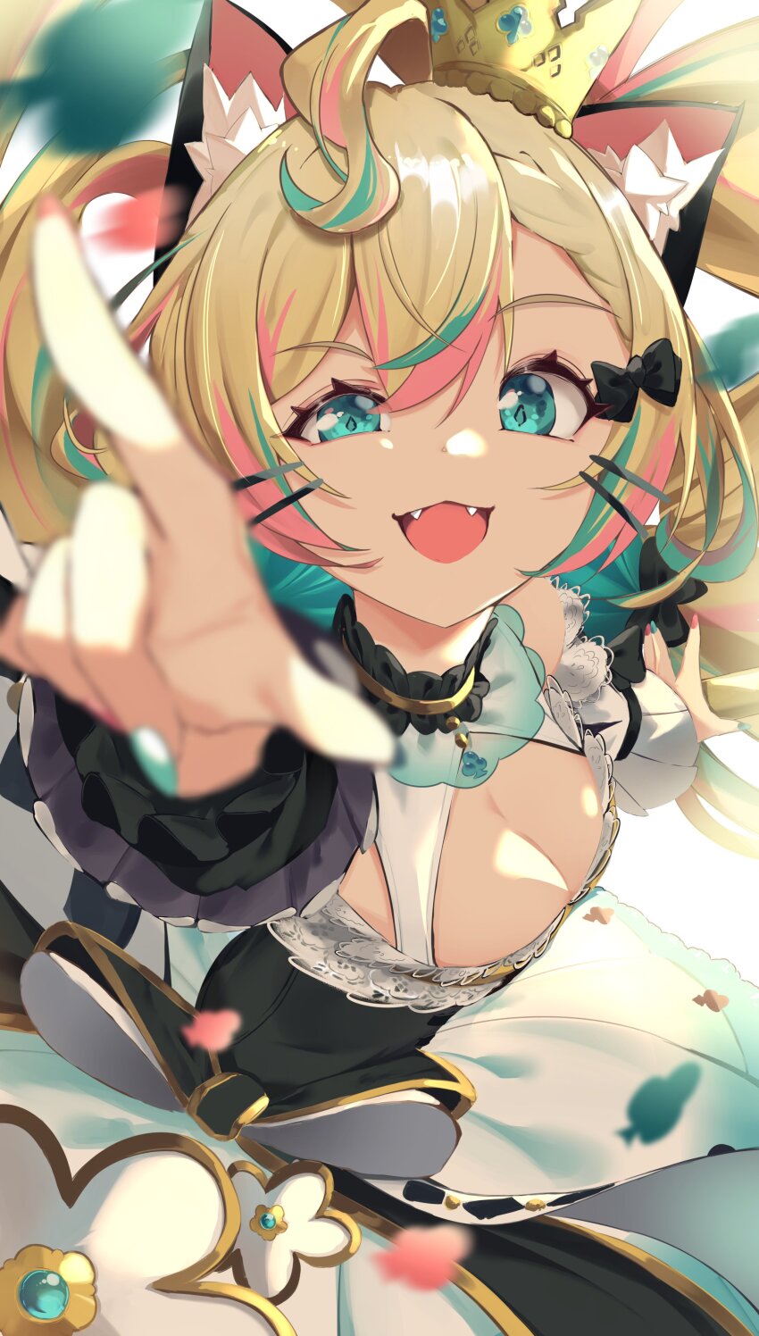 1girl, absurdres, ahoge, alternate_breast_size, animal_ear_fluff, animal_ears, black_bow, blonde_hair