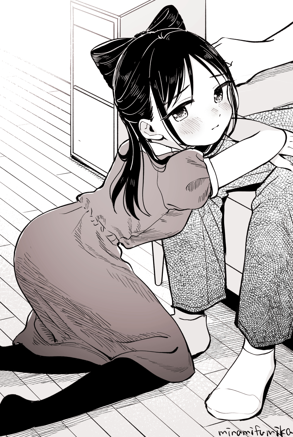 1girl, black_bow, black_eyes, black_hair, black_pantyhose, blush, bow, dress