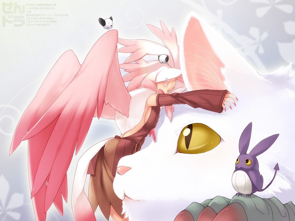 bird, breast_press, breasts, cararina, cat, detached_sleeves, closed_eyes, fang, hazuki_gean, hug, multicolored_hair, open_mouth, pink_hair, pixiv_fantasia, pixiv_fantasia_3, slit_pupils, tail, white_hair, wings, yellow_eyes, eyes_closed
