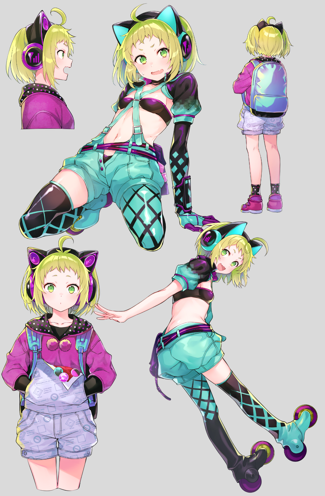 1girl, ahoge, animal_ear_headphones, animal_ears, antenna_(dohna_dohna), arm_support, asymmetrical_legwear, backpack