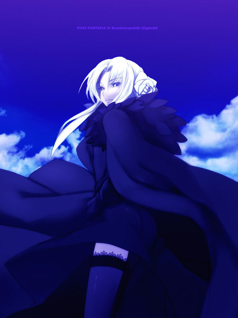 1girl, blue_flower, blue_rose, cape, cloud, copyright_name, elaine_(pixiv_fantasia), female_focus