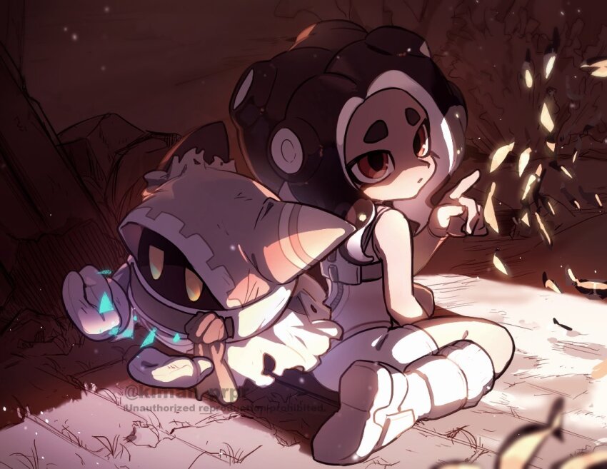 1girl, :o, artist_name, bodysuit, boots, brown_eyes, brown_hair, commentary_request, crossover, dark-skinned_female, dark_skin, full_body, hand_up, index_finger_raised, interdimensional_magolor, kiman, kirby's_return_to_dream_land, kirby's_return_to_dream_land_deluxe, kirby_(series), looking_to_the_side, magolor, magolor_epilogue, medium_hair, nintendo, octoling, octoling_girl, octoling_player_character, parted_bangs, parted_lips, rayman_limbs, rock, shade, short_eyebrows, sitting, sleeveless, sleeveless_bodysuit, splatoon_(series), splatoon_3, splatoon_3:_side_order, stone, suction_cups, tentacles, thick_eyebrows, twitter_username, wariza, watermark, white_bodysuit, white_footwear, yellow_eyes