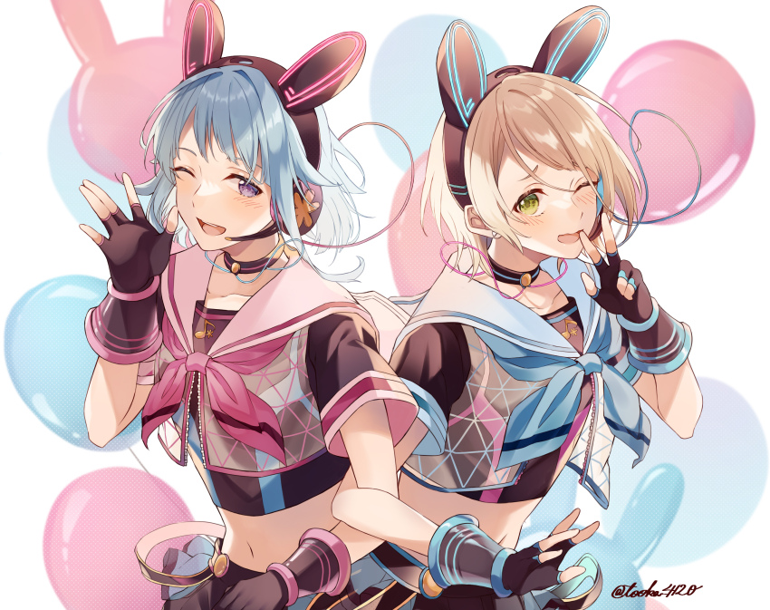 2boys, animal_ear_headphones, animal_ears, aoi_hinata, aoi_hinata_(cosplay), aoi_yuta, aoi_yuta_(cosplay), balloon, bishounen, blonde_hair, blue_hair, cosplay, crop_top, ensemble_stars!, fake_animal_ears, fingerless_gloves, gloves, green_eyes, headphones, highres, light_blue_hair, looking_at_viewer, male_focus, multiple_boys, one_eye_closed, purple_eyes, rabbit_ear_headphones, rabbit_ears, shino_hajime, shiratori_aira_(ensemble_stars!), short_hair, shorts, tooka_4120, twitter_username