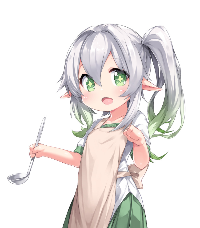 1girl, absurdres, apron, clenched_hand, genshin_impact, green_eyes, green_shirt, green_skirt