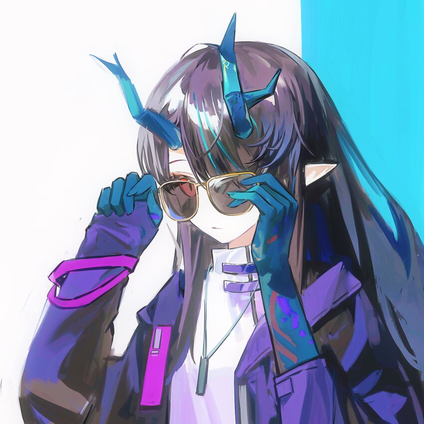 1girl, :/, adjusting_eyewear, alternate_costume, aqua_background, arknights, asymmetrical_sleeves, black_coat