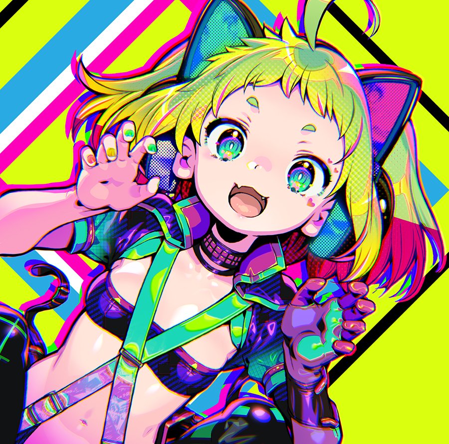 1girl, :3, ahoge, animal_ear_headphones, animal_ears, antenna_(dohna_dohna), bandeau, breasts