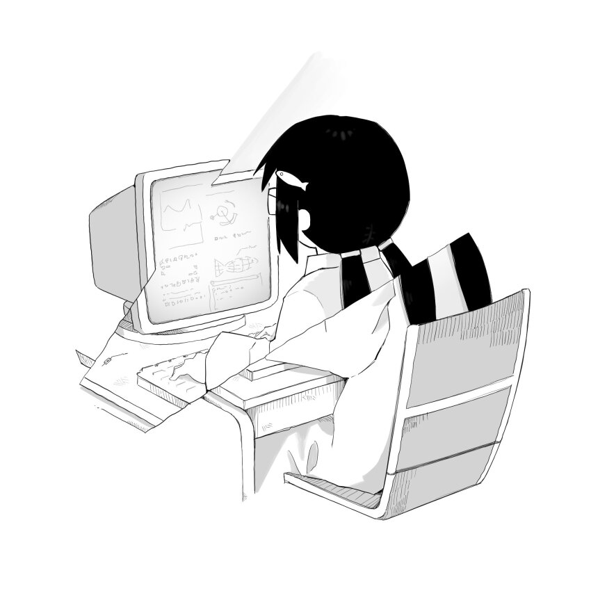 chair, computer, computer_keyboard, crack, cracked_glass, fish_hair_ornament, glasses, glitch