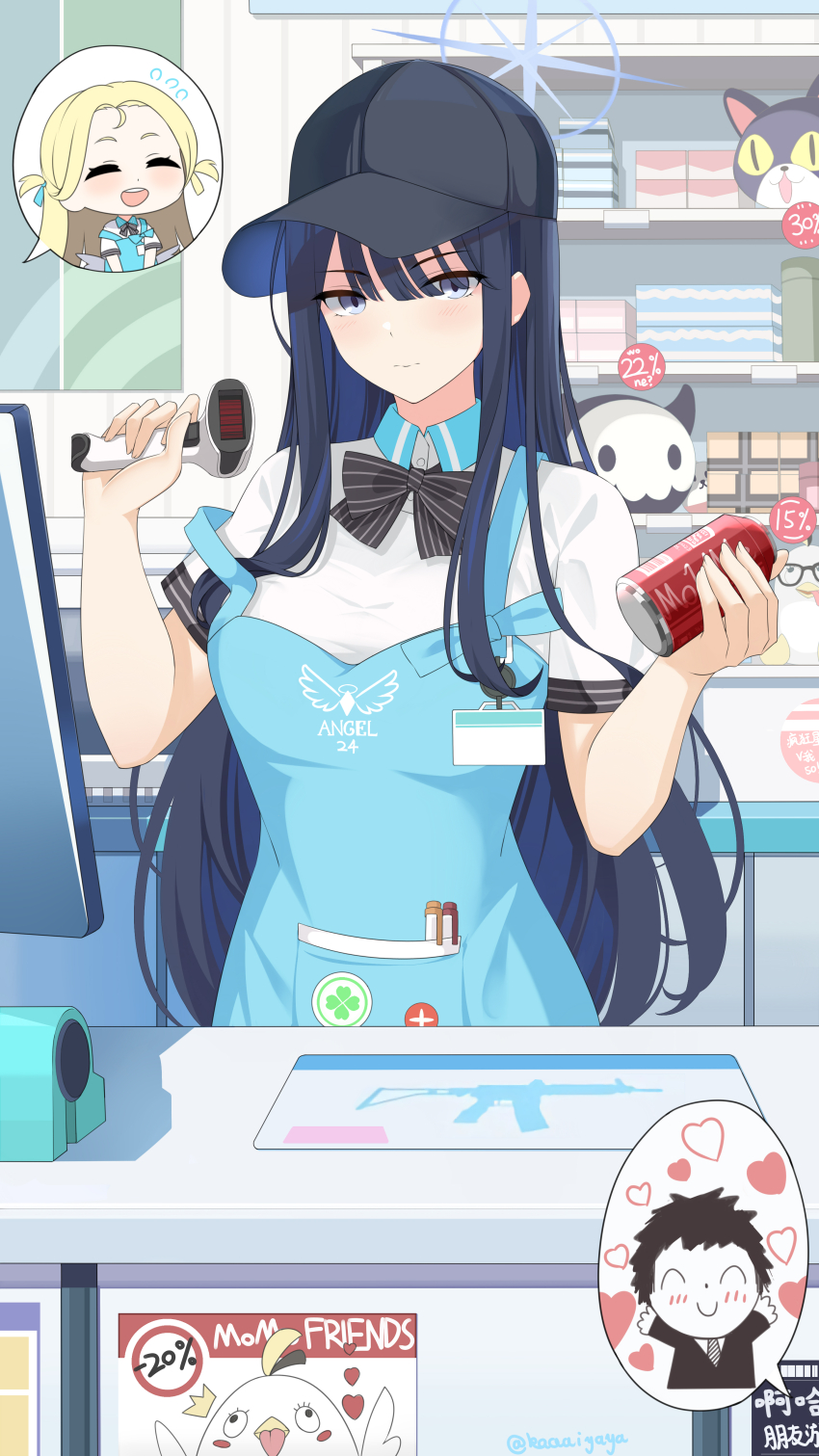 1boy, 2girls, :d, ^_^, absurdres, alternate_costume, angel_wings, apron, barcode_scanner, baseball_cap, black_hair, blonde_hair, blue_archive, blunt_bangs, blurry, bow, bowtie, business_suit, cabinet, cameo, can, cash_register, cashier, closed_eyes, cola, commentary_request, convenience_store, cosplay, depth_of_field, doodle_sensei_(blue_archive), drink_can, eyes_visible_through_hair, forehead, formal_clothes, hair_between_eyes, halo, hat, heart, highres, holding, holding_barcode_scanner, id_card, long_hair, long_sleeves, looking_at_viewer, multicolored_hair, multiple_girls, open_mouth, parted_bangs, pen, peroro_(blue_archive), pocket, saori_(blue_archive), sensei_(blue_archive), shop, short_sleeves, sidelocks, smile, soda_can, sora_(blue_archive), sora_(blue_archive)_(cosplay), spoken_character, stuffed_animal, stuffed_cat, stuffed_chicken, stuffed_toy, suit, two-tone_hair, white_wings, wings, ying_yanyu