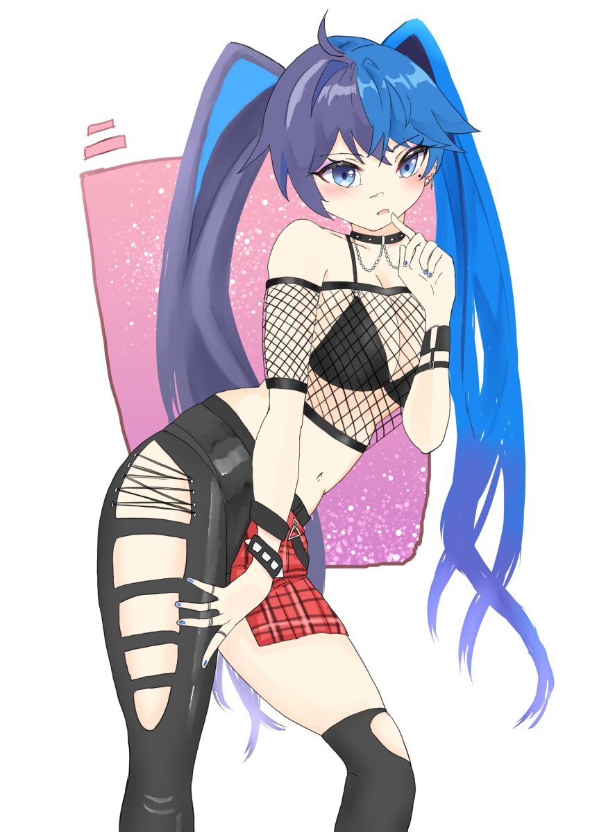 1girl, absurdres, ahoge, black_bra, black_choker, black_hair, black_nails, black_thighhighs