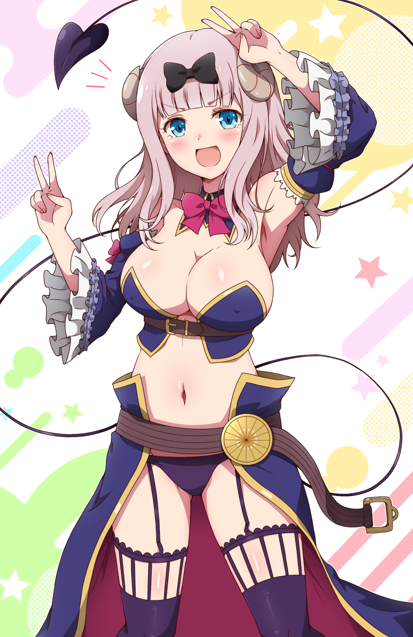 1girl, :d, absurdres, arm_up, armpits, belt, bikini, black_bow, blue_bikini, blue_eyes, blue_sleeves, blue_thighhighs, blunt_bangs, blush, bow, bowtie, breasts, brown_belt, cleavage, commentary_request, cosplay, covered_erect_nipples, cowboy_shot, crisis_management_form_(machikado_mazoku), curled_horns, demon_girl, demon_horns, demon_tail, detached_collar, detached_sleeves, double_v, eggman_(ni_tamagoex), frilled_sleeves, frills, fujiwara_chika, garter_straps, hair_bow, hand_up, highres, horns, kaguya-sama_wa_kokurasetai_~tensai-tachi_no_renai_zunousen~, kohara_konomi, large_breasts, long_hair, looking_at_viewer, machikado_mazoku, multicolored_background, navel, notice_lines, open_mouth, pink_hair, red_bow, red_bowtie, revealing_clothes, smile, solo, star_(symbol), stomach, strapless, strapless_bikini, swimsuit, tail, thighhighs, v, v_over_head, voice_actor_connection, waist_cape, wide_sleeves, yoshida_yuuko_(cosplay), yoshida_yuuko