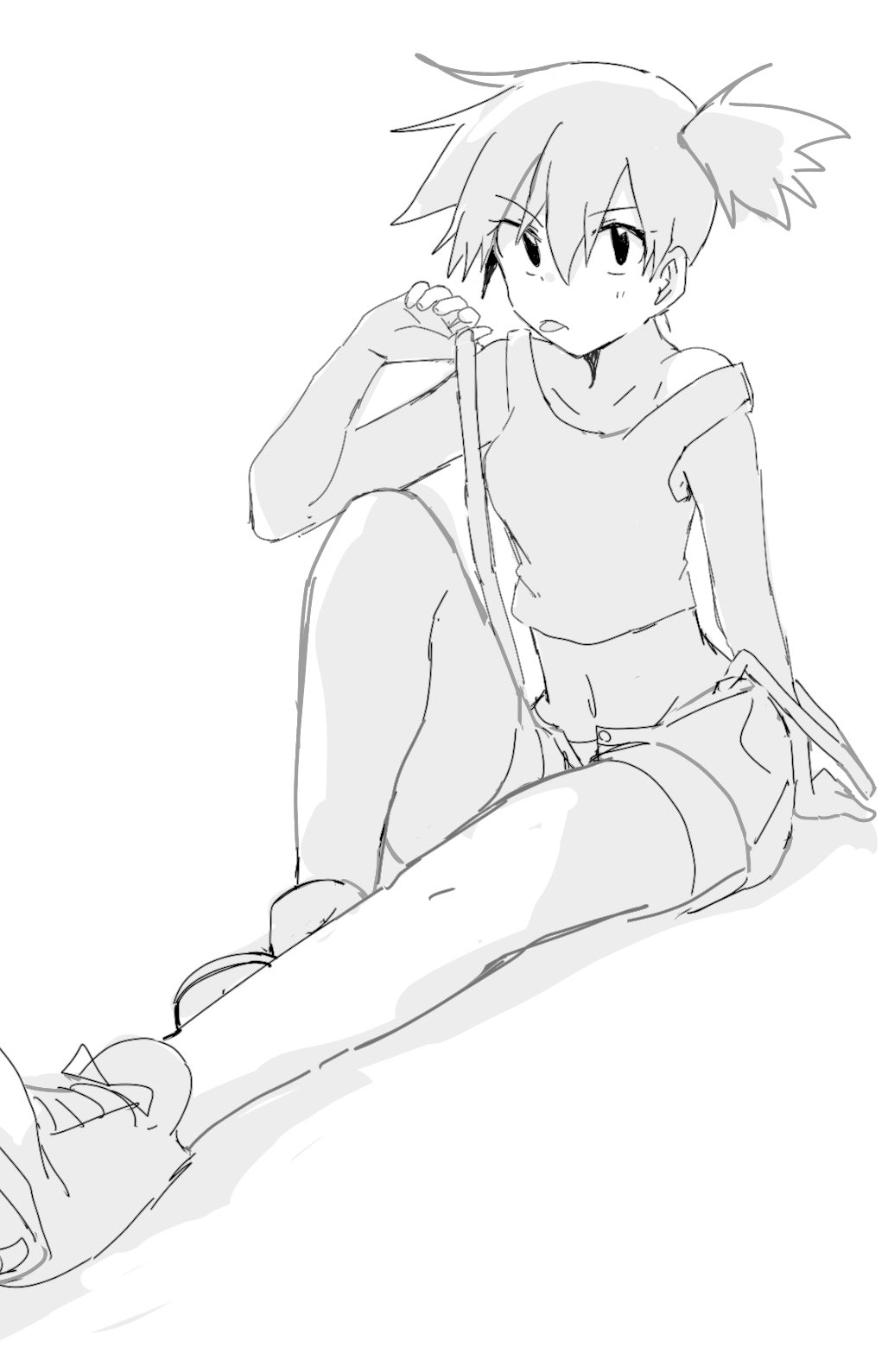 1girl, asymmetrical_hair, blush, breasts, denim, denim_shorts, eyelashes, hair_between_eyes