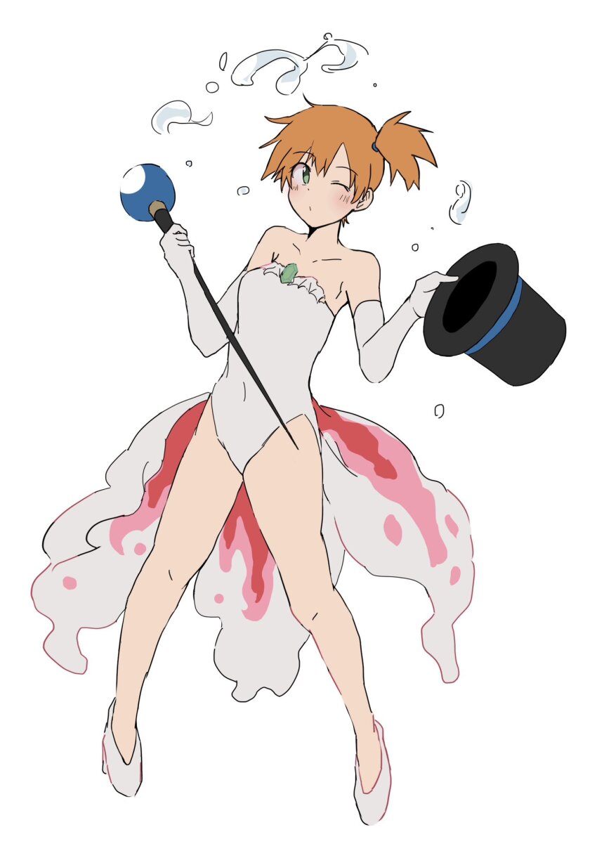 1girl, asymmetrical_hair, bare_shoulders, blush, breasts, cane, cleavage, cosplay