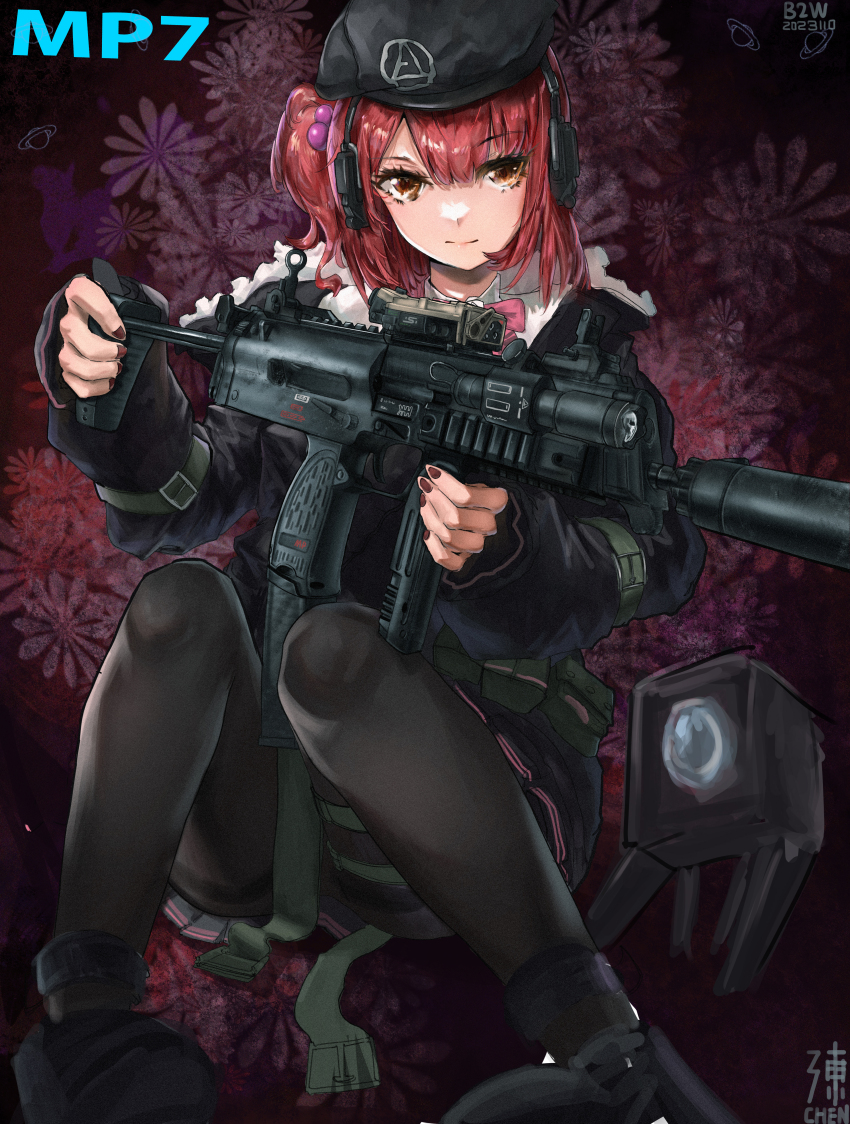 1girl, absurdres, b2w, beret, fur_trim, girls'_frontline, gun, h&amp;k_mp7