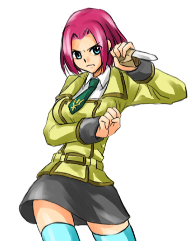 1girl, akogi, blue_eyes, code_geass, female_focus, knife, kouzuki_kallen, lowres, miniskirt, necktie, omone_ko_(a_kogi), red_hair, school_uniform, short_hair, simple_background, skirt, solo, thighhighs, white_background