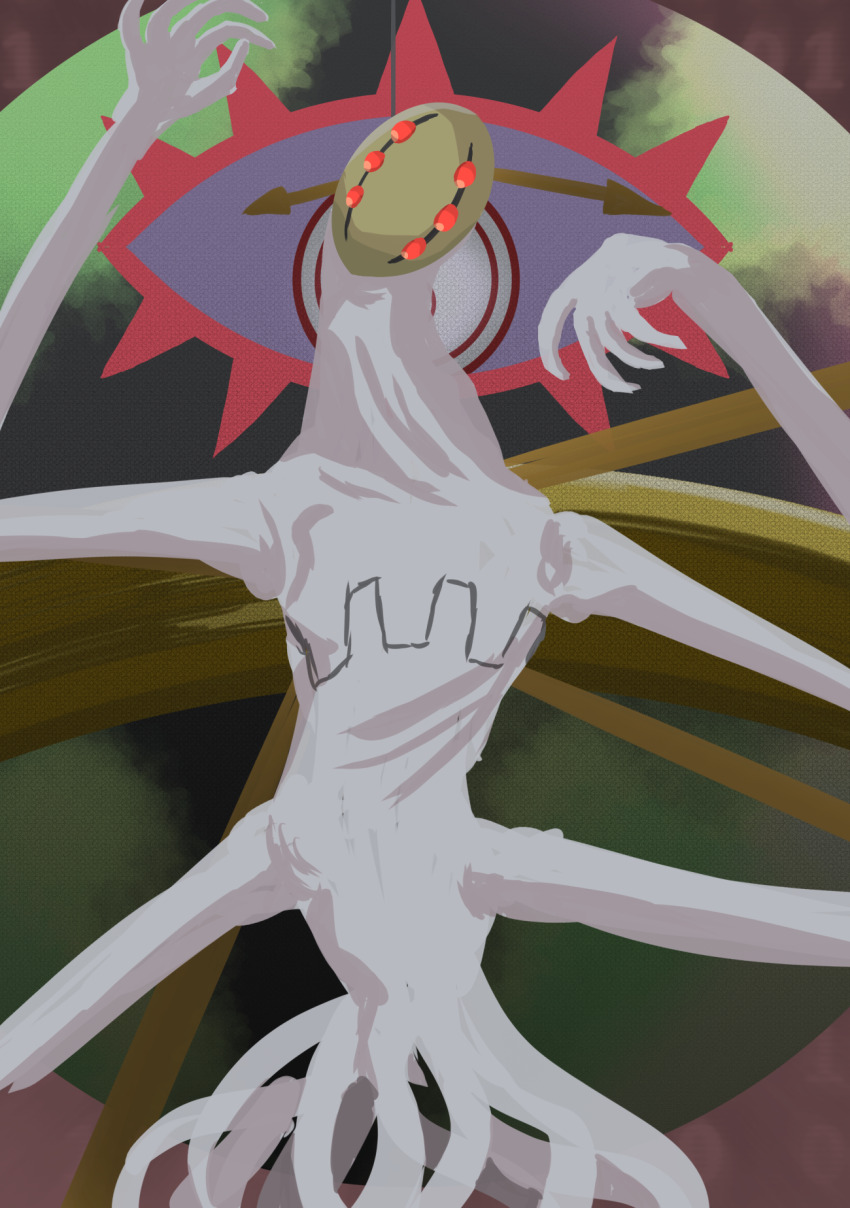 arms_up, artist_request, creepy, digimon, digimon_(creature), expressionless, extra_arms, extra_eyes