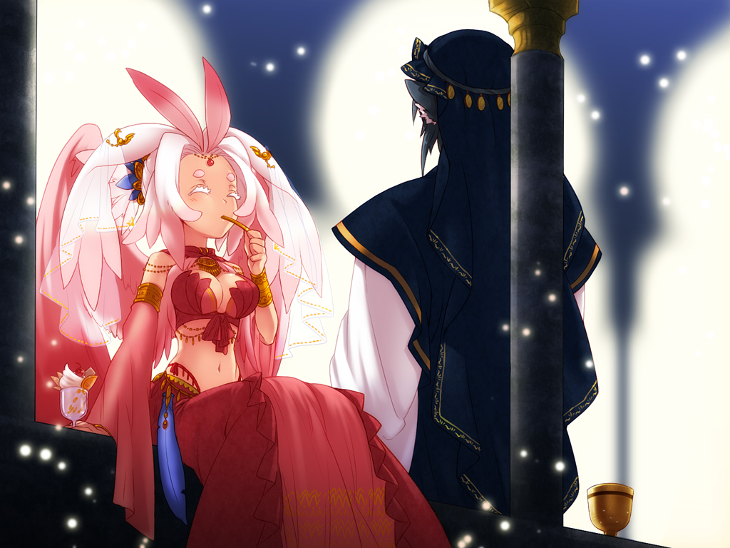 1boy, 1girl, arabian_clothes, black_hair, breasts, cararina, cherry, closed_eyes, cup, eating, feathers, food, fruit, hazuki_gean, multicolored_hair, navel, orange_(fruit), pink_hair, pixiv_fantasia, pixiv_fantasia_3, white_hair, wings