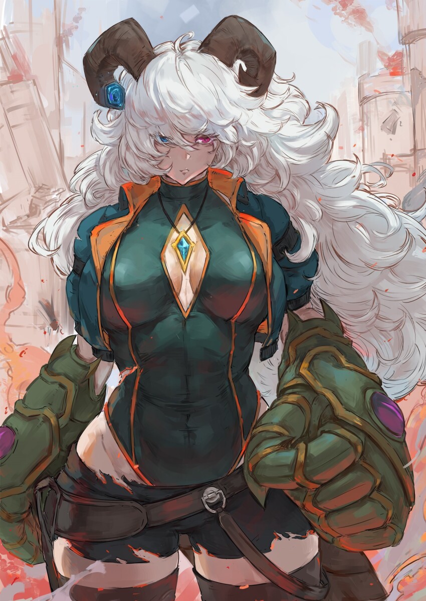 1girl, belt, big_hair, black_shorts, blue_eyes, breasts, character_request, cleavage_cutout, closed_mouth, clothing_cutout, copyright_request, covered_collarbone, covered_navel, curled_horns, curly_hair, gauntlets, giant_gauntlets, green_leotard, heattech_leotard, heterochromia, highleg, highleg_leotard, highres, horns, huge_breasts, jewelry, leotard, leotard_under_clothes, long_hair, looking_at_viewer, messy_hair, necklace, outdoors, pink_eyes, shorts, solo, tezy8art, thighhighs, toned, torn_clothes, torn_shorts, turtleneck, very_long_hair, white_hair