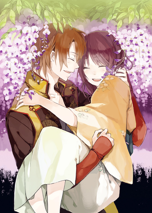 10s, 1boy, 1girl, armor, bad_id, bad_pixiv_id, carrying, couple, closed_eyes, flower, hakuouki_shinsengumi_kitan, happy, hetero, japanese_armor, japanese_clothes, kimono, kote, natsume_(ouchi), okita_souji_(hakuouki), princess_carry, smile, souseki, wisteria, yukimura_chizuru