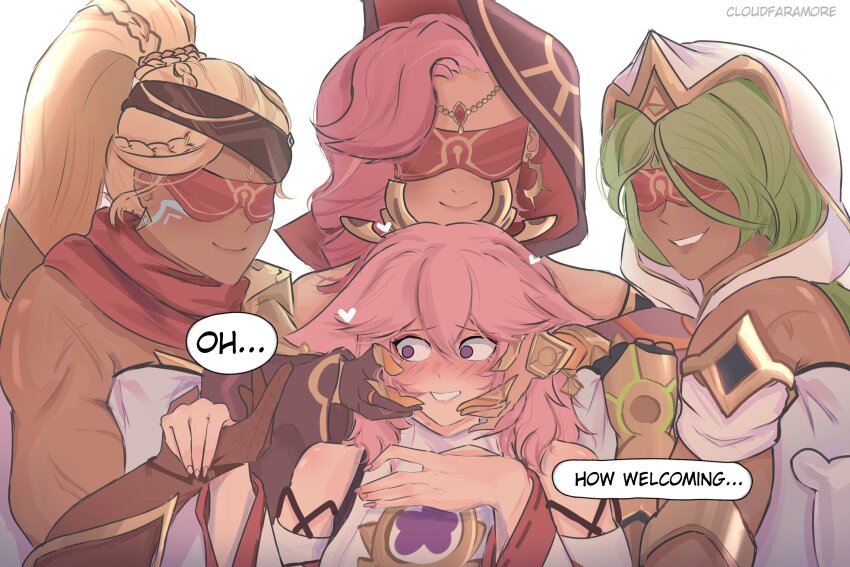 4girls, artist_name, blindfold, blonde_hair, blush, closed_mouth, cloudfaramore, dark-skinned_female