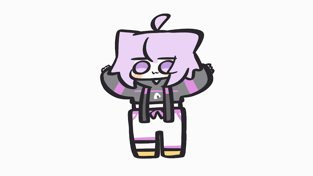 1girl, :3, ahoge, animal_ears, animated, animated_gif, asymmetrical_pants, black_hoodie, blush, cat_ears, cat_girl, cat_tail, chibi, commentary, cropped_hoodie, drawstring, food_print, full_body, hololive, hood, hoodie, long_sleeves, looping_animation, midriff, nekomata_okayu, nekomata_okayu_(1st_costume), o_o, onigiri_print, pants, purple_eyes, purple_hair, reiruka, shoes, short_hair, simple_background, solo, spinning, standing, t-pose, tail, virtual_youtuber, white_background, white_pants, yellow_shoes