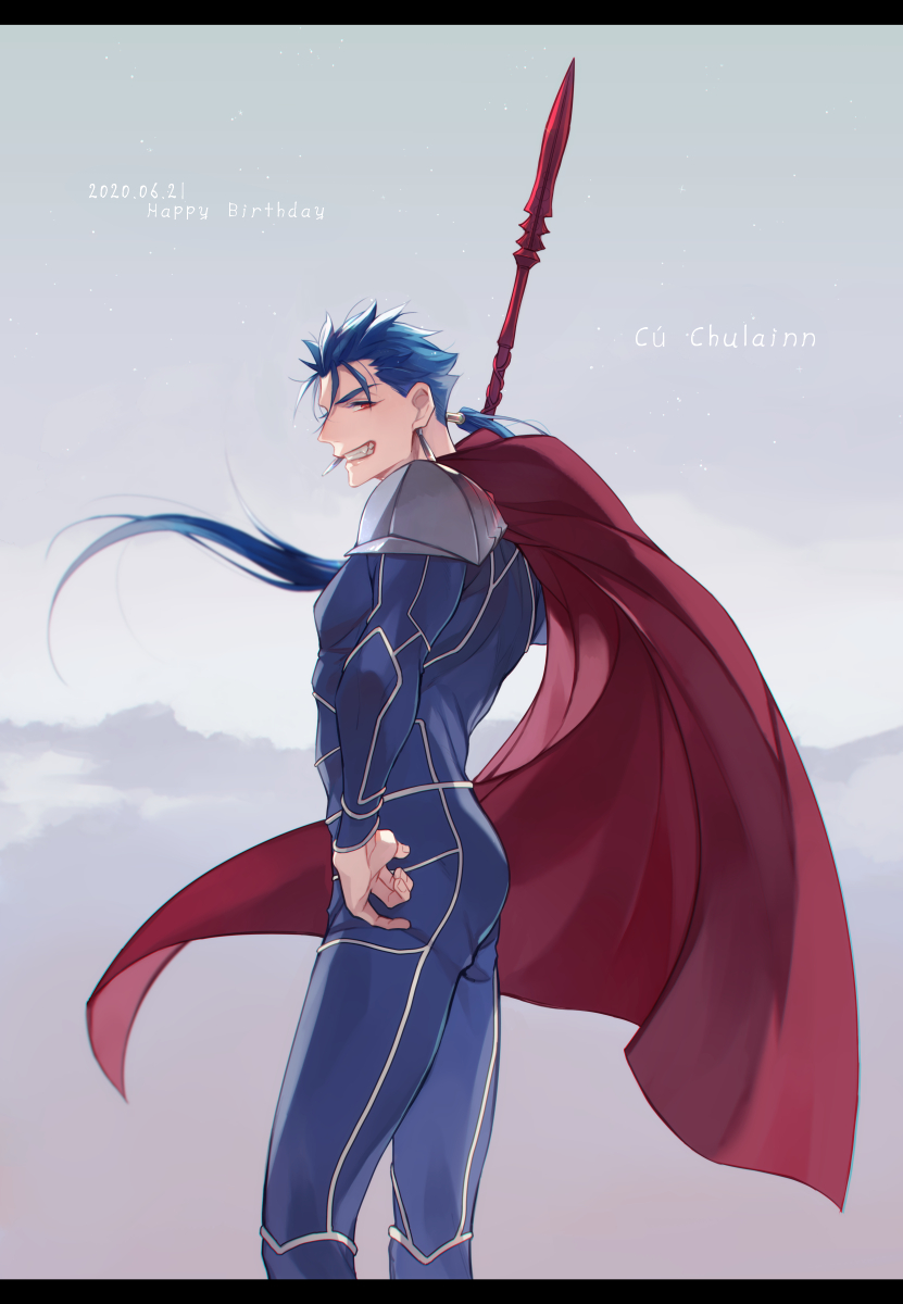 1boy, armor, blue_bodysuit, blue_hair, bodysuit, cape, character_name, cigarette