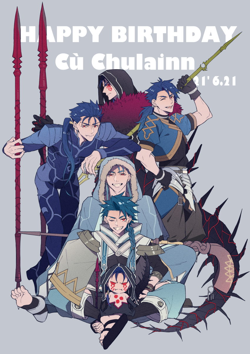 6+boys, ;d, arm_on_own_head, armor, asymmetrical_clothes, black_gloves, blue_bodysuit, blue_hair