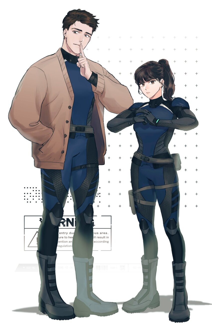 1boy, 1girl, baek_ae-young, black_footwear, black_hair, blue_bodysuit, bodysuit, boots, brown_eyes, brown_hair, brown_jacket, closed_mouth, commentary_request, diving_suit, english_text, eoduun_badaui_deungbul-i_doeeo, finger_to_mouth, full_body, hand_in_pocket, highres, jacket, jihyeok_seo, korean_commentary, long_hair, looking_at_viewer, ponytail, samban_doyo, short_hair, simple_background, standing, wetsuit, white_background