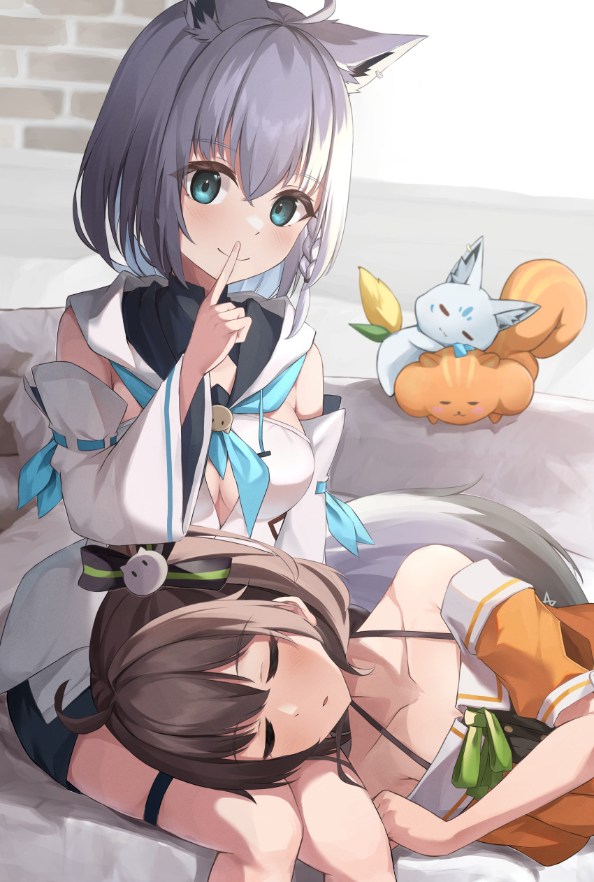2girls, absurdres, ahoge, animal_ear_fluff, animal_ears, aqua_eyes, bare_shoulders, blue_ribbon