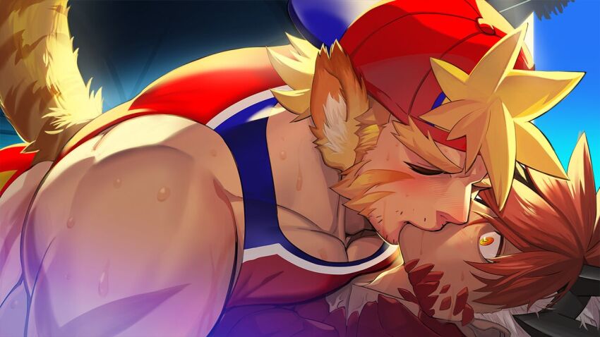 2boys, animal_ears, another_eidos-r, backwards_hat, bad_source, bara, baseball_cap, black_hair