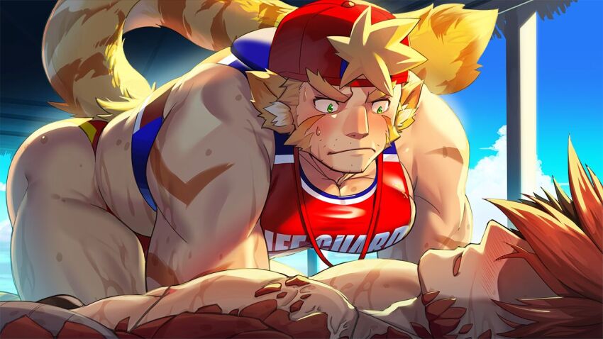 2boys, animal_ears, another_eidos-r, ass, backwards_hat, bad_source, bara, baseball_cap