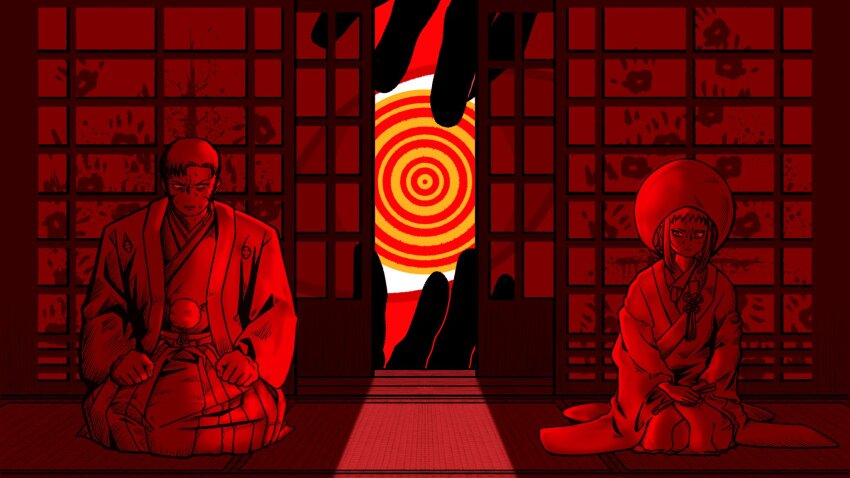 1boy, 2girls, blood, blood_on_face, chainsaw_man, commentary, disembodied_hand, dress