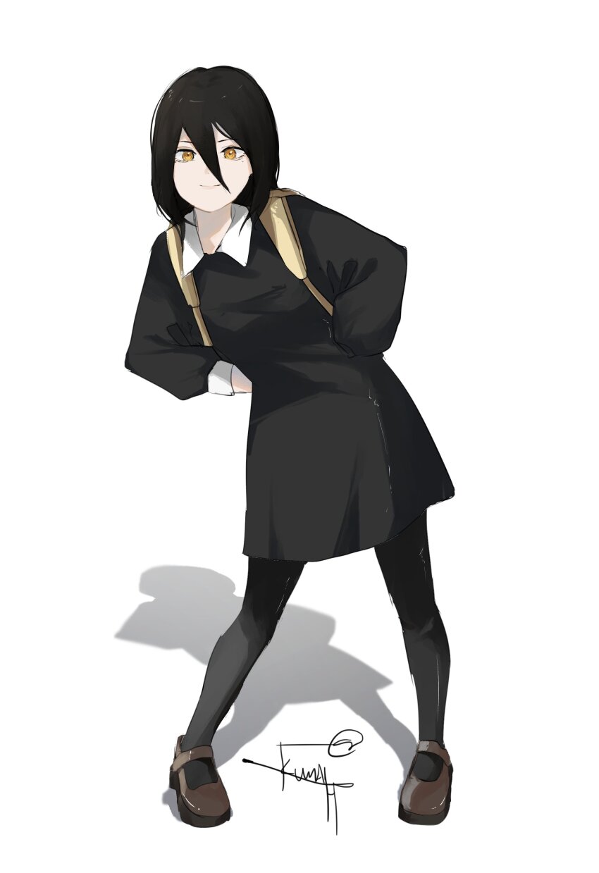 1girl, absurdres, backpack, bag, black_dress, black_hair, chainsaw_man, commentary