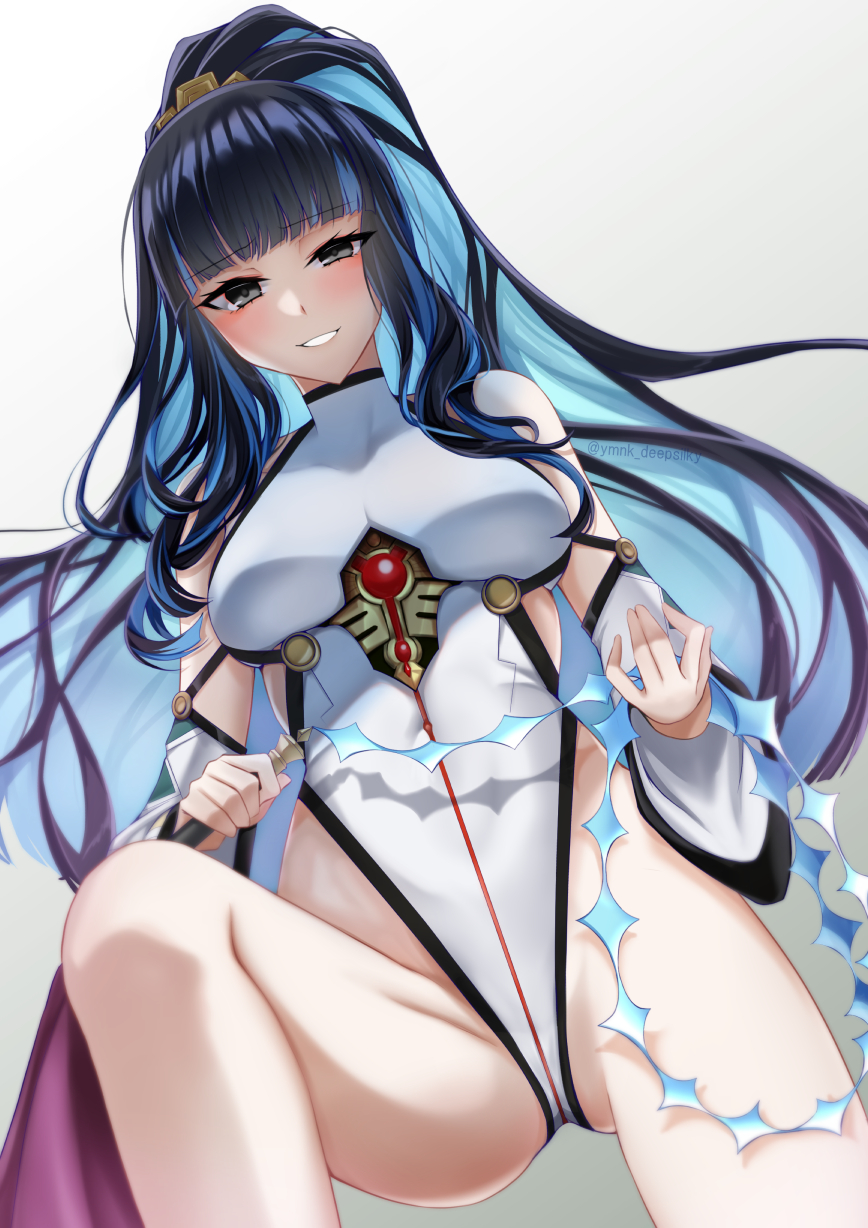 1girl, black_hair, blue_hair, blunt_bangs, blush, breasts, colored_inner_hair, detached_sleeves