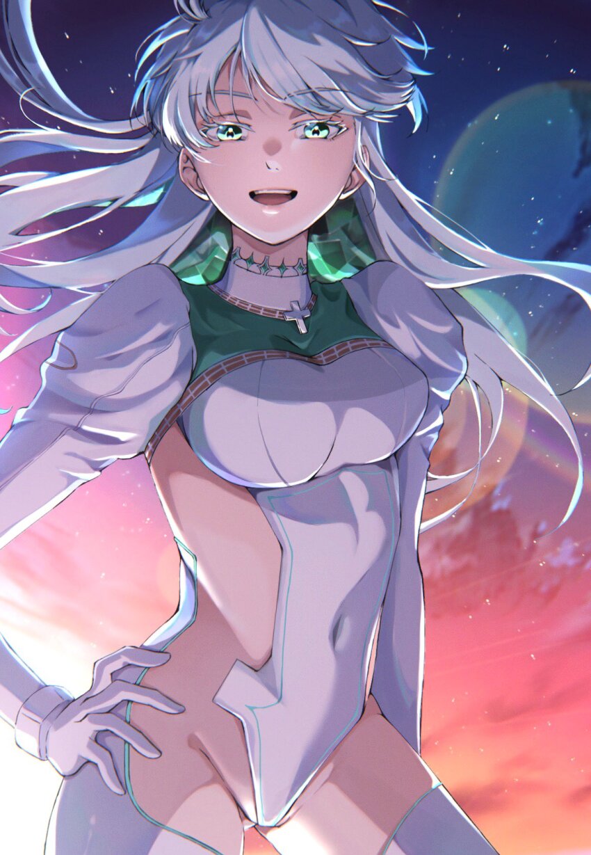 1girl, blue_hair, blue_sky, breasts, colored_inner_hair, covered_navel, cropped_jacket, fate/grand_order