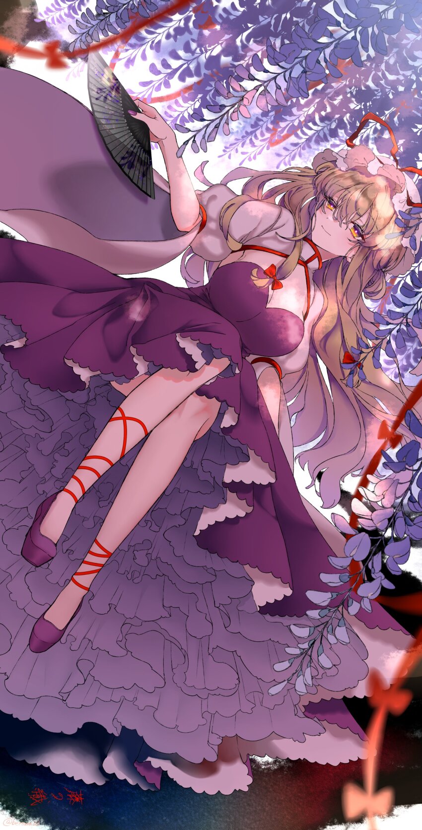 1girl, absurdres, blonde_hair, breasts, closed_mouth, dress, folding_fan, hair_between_eyes